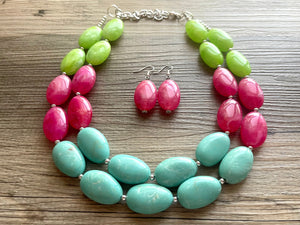 Color Block Double Statement Necklace, Chunky Jewelry Big Beaded Necklace, emerald green teal pink lime Necklace, bead bubble earrings