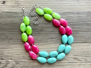 Color Block Double Statement Necklace, Chunky Jewelry Big Beaded Necklace, emerald green teal pink lime Necklace, bead bubble earrings