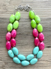 Load image into Gallery viewer, Color Block Double Statement Necklace, Chunky Jewelry Big Beaded Necklace, emerald green teal pink lime Necklace, bead bubble earrings