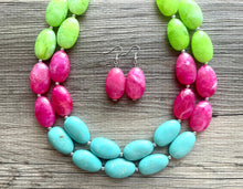 Load image into Gallery viewer, Color Block Double Statement Necklace, Chunky Jewelry Big Beaded Necklace, emerald green teal pink lime Necklace, bead bubble earrings