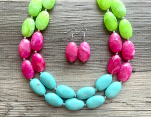 Color Block Double Statement Necklace, Chunky Jewelry Big Beaded Necklace, emerald green teal pink lime Necklace, bead bubble earrings