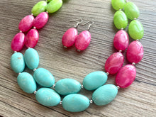 Load image into Gallery viewer, Color Block Double Statement Necklace, Chunky Jewelry Big Beaded Necklace, emerald green teal pink lime Necklace, bead bubble earrings