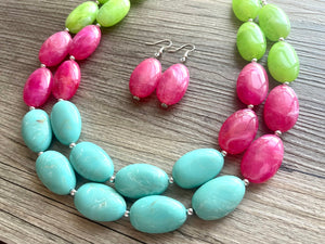 Color Block Double Statement Necklace, Chunky Jewelry Big Beaded Necklace, emerald green teal pink lime Necklace, bead bubble earrings