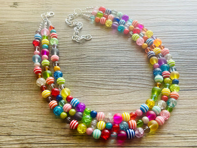 Rainbow Quilt Statement Necklace, rainbow pastel striped extra Chunky Jewelry silver beads 3 strand colorful, art deco bib thick