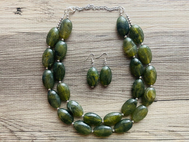 Army Green Chunky Statement Necklace, Big beaded jewelry, Double Strand Statement Necklace, Bib necklace, green bridesmaid wedding camo