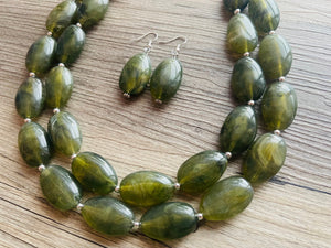 Army Green Chunky Statement Necklace, Big beaded jewelry, Double Strand Statement Necklace, Bib necklace, green bridesmaid wedding camo