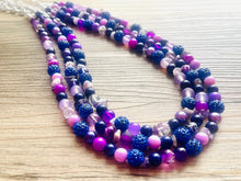 Load image into Gallery viewer, Meet Me At Midnight Necklace, Purple &amp; Blue Statement Necklace, 3 strand chunky jewelry, dark purple eggplant navy rhinestone sparkle glass