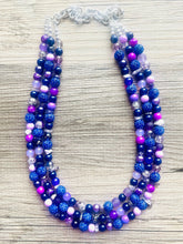 Load image into Gallery viewer, Meet Me At Midnight Necklace, Purple &amp; Blue Statement Necklace, 3 strand chunky jewelry, dark purple eggplant navy rhinestone sparkle glass