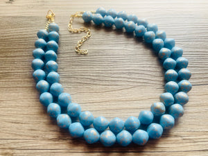 Aqua Blue Double Strand Statement Necklace, Chunky light blue & Gold clay Beaded Bib Jewelry, blue jewelry, baby blue jewlery necklace