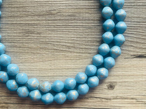 Aqua Blue Double Strand Statement Necklace, Chunky light blue & Gold clay Beaded Bib Jewelry, blue jewelry, baby blue jewlery necklace