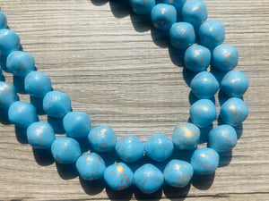 Aqua Blue Double Strand Statement Necklace, Chunky light blue & Gold clay Beaded Bib Jewelry, blue jewelry, baby blue jewlery necklace
