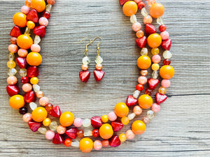 Woman Fire Statement Necklace, chunky bib beaded jewelry, Summer red yellow orange necklace, beaded acrylic jewelry neon coral pink