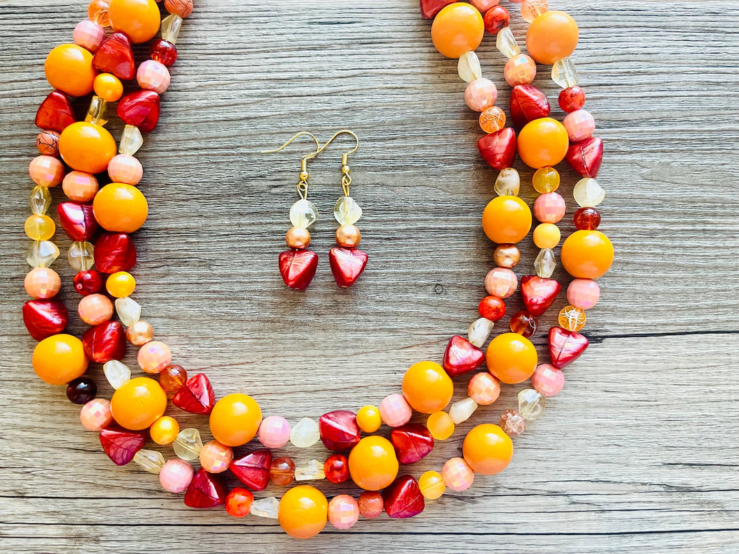 Woman Fire Statement Necklace, chunky bib beaded jewelry, Summer red yellow orange necklace, beaded acrylic jewelry neon coral pink