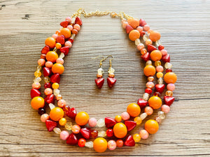 Woman Fire Statement Necklace, chunky bib beaded jewelry, Summer red yellow orange necklace, beaded acrylic jewelry neon coral pink