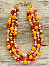 Load image into Gallery viewer, Woman Fire Statement Necklace, chunky bib beaded jewelry, Summer red yellow orange necklace, beaded acrylic jewelry neon coral pink
