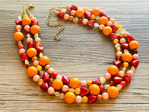 Woman Fire Statement Necklace, chunky bib beaded jewelry, Summer red yellow orange necklace, beaded acrylic jewelry neon coral pink