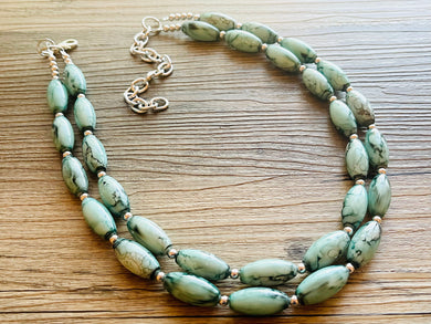 Emerald Green + White 2 strand Beaded Statement Necklace, Chunky Bib white and green thick Strand Jewelry tie dye swirl earrings bib glass