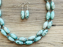 Load image into Gallery viewer, Emerald Green + White 2 strand Beaded Statement Necklace, Chunky Bib white and green thick Strand Jewelry tie dye swirl earrings bib glass