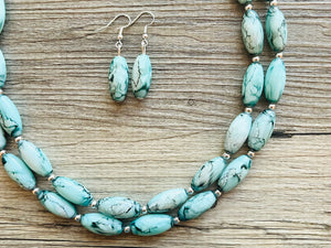 Emerald Green + White 2 strand Beaded Statement Necklace, Chunky Bib white and green thick Strand Jewelry tie dye swirl earrings bib glass