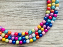 Load image into Gallery viewer, Rainbow Treasure Statement Necklace, Colorful Beaded Necklace, Chunky bib necklace, Roy G Biv necklace, bright jewelry, bridesmaid pride