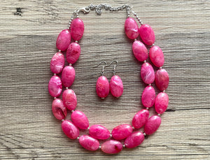 Big Bead pink Necklace, 2 Strand Statement Jewelry, magenta pink Chunky bib bridesmaid, hot pink jewelry, dark pink necklace earring set