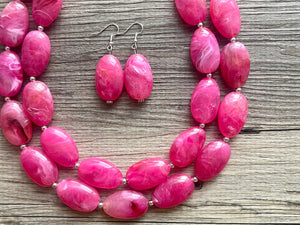 Big Bead pink Necklace, 2 Strand Statement Jewelry, magenta pink Chunky bib bridesmaid, hot pink jewelry, dark pink necklace earring set