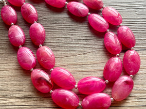 Big Bead pink Necklace, 2 Strand Statement Jewelry, magenta pink Chunky bib bridesmaid, hot pink jewelry, dark pink necklace earring set