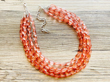 Load image into Gallery viewer, Translucent Coral 5 strand statement Necklace, Peach Beaded Necklace, summer silver jewelry, bubble bib neutral layer coral pink