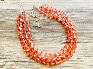 Translucent Coral 5 strand statement Necklace, Peach Beaded Necklace, summer silver jewelry, bubble bib neutral layer coral pink