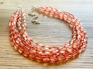 Translucent Coral 5 strand statement Necklace, Peach Beaded Necklace, summer silver jewelry, bubble bib neutral layer coral pink