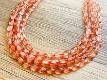 Load image into Gallery viewer, Translucent Coral 5 strand statement Necklace, Peach Beaded Necklace, summer silver jewelry, bubble bib neutral layer coral pink