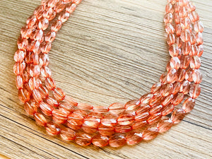 Translucent Coral 5 strand statement Necklace, Peach Beaded Necklace, summer silver jewelry, bubble bib neutral layer coral pink