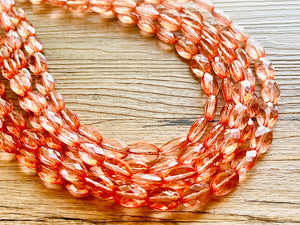 Translucent Coral 5 strand statement Necklace, Peach Beaded Necklace, summer silver jewelry, bubble bib neutral layer coral pink