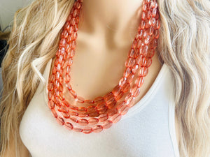 Translucent Coral 5 strand statement Necklace, Peach Beaded Necklace, summer silver jewelry, bubble bib neutral layer coral pink