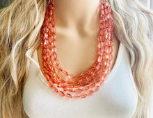 Load image into Gallery viewer, Translucent Coral 5 strand statement Necklace, Peach Beaded Necklace, summer silver jewelry, bubble bib neutral layer coral pink