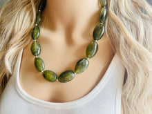 Load image into Gallery viewer, Army Green Chunky Statement Necklace, Big beaded jewelry, Double Strand Statement Necklace, Bib necklace, earrings bridesmaid wedding camo