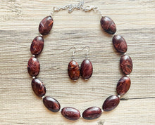 Load image into Gallery viewer, Mocha Shimmer Swirl Statement Necklace, Chunky Beaded Necklace, brown beaded necklace, 1 single strand, dark deep brown earrings jewelry