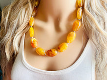 Load image into Gallery viewer, Yellow Marigold Chunky Statement Necklace, Big beaded jewelry Bib necklace, yellow bridesmaid wedding bridal fiery earrings set