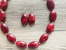 Load image into Gallery viewer, Deep Red Swirl Single Strand Big Beaded Statement Necklace, red beaded necklace, red bridesmaid necklace jewelry, red drop earrings