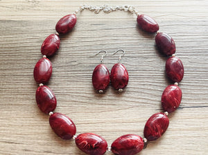 Deep Red Swirl Single Strand Big Beaded Statement Necklace, red beaded necklace, red bridesmaid necklace jewelry, red drop earrings