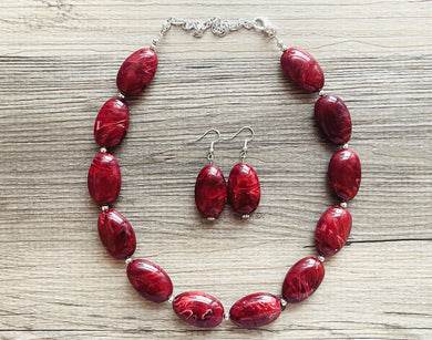 Deep Red Swirl Single Strand Big Beaded Statement Necklace, red beaded necklace, red bridesmaid necklace jewelry, red drop earrings