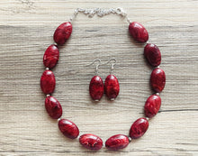 Load image into Gallery viewer, Deep Red Swirl Single Strand Big Beaded Statement Necklace, red beaded necklace, red bridesmaid necklace jewelry, red drop earrings