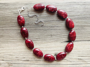 Deep Red Swirl Single Strand Big Beaded Statement Necklace, red beaded necklace, red bridesmaid necklace jewelry, red drop earrings