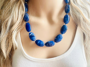 Royal Blue Big Beaded Statement Necklace, blue Jewelry set, dark beaded necklace, blue beaded necklace, bridesmaid earrings single strand