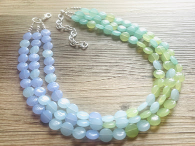 Rainforest Island Sunset Beaded Statement Necklace, beaded jewelry, earrings chunky bib 3 strand lime emerald periwinkle sky blue collar