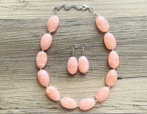 Peach Chunky Statement Necklace & earrings set, single 1 Strand Beaded Jewelry, light coral pink jewelry, bridesmaid wedding beaded bib