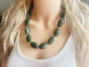 Olive Green Chunky Statement Necklace, Big beaded jewelry, Double Strand Statement Necklace, Bib necklace, earrings bridesmaid wedding camo