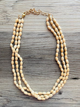 Load image into Gallery viewer, Birch Wood 3 Strand Beaded Necklace, vintage tan brown Jewelry Chunky statement necklace, big beaded necklace geometric boho