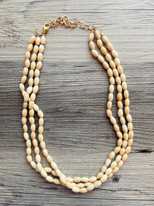 Birch Wood 3 Strand Beaded Necklace, vintage tan brown Jewelry Chunky statement necklace, big beaded necklace geometric boho