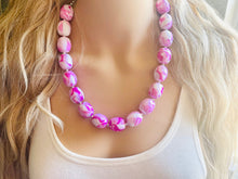 Load image into Gallery viewer, Hot Pink Chunky Statement Necklace, Big beaded jewelry, single strand Statement Necklace, chunky pink bib jewelry earrings white